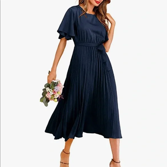 Dresses | Milumia Elegant Pleated Dress In Navy Blue